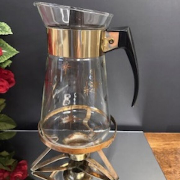 Corning Ware Atomic Starburst Coffee Carafe 36 oz with Brass Warmer Vintage Mid - Picture 2 of 10